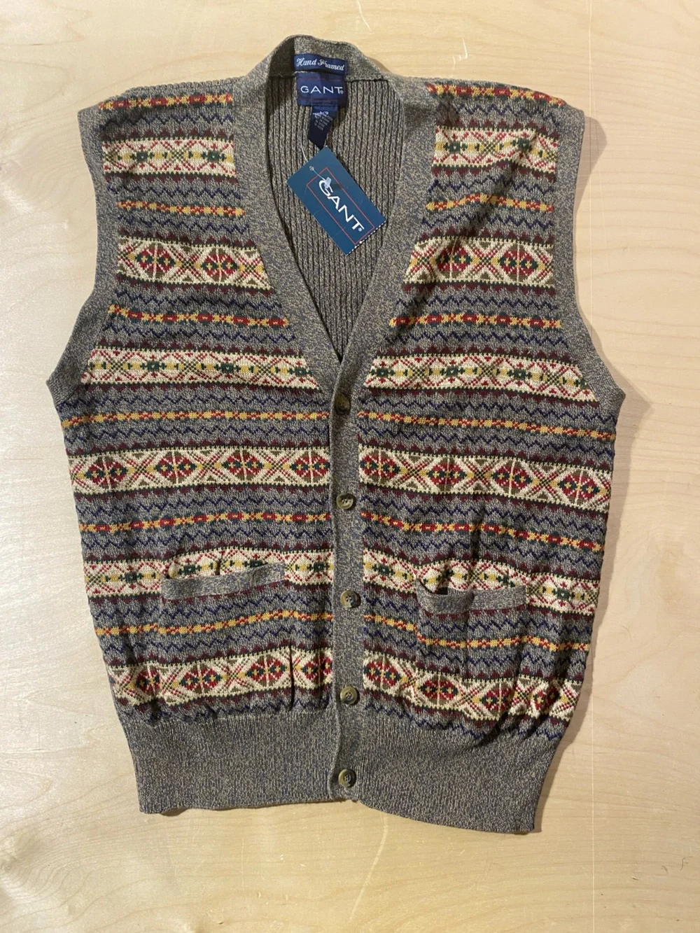 Gant Men's Gray-Brown Fair Isle Button Vest Large (SW)